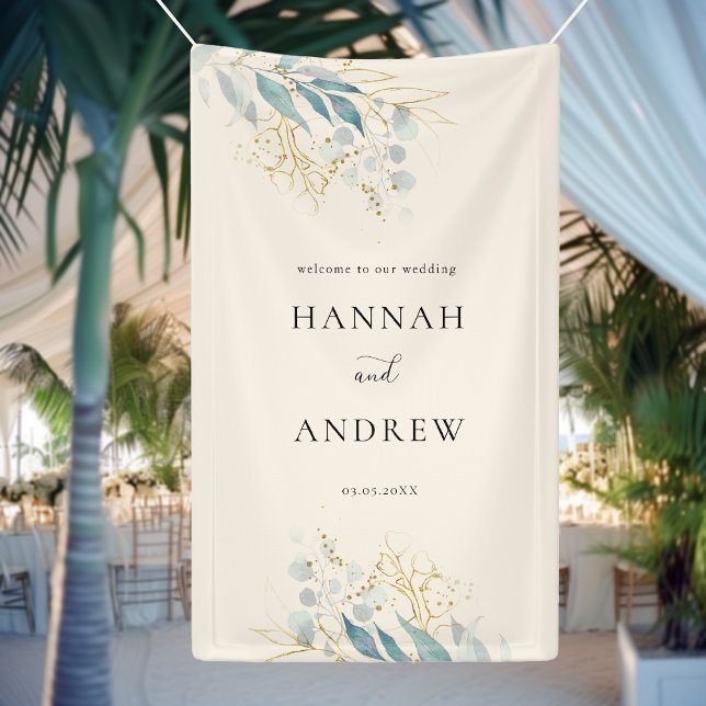 Blue Gold (Imitat) Beige Wedding Collection Banner (Elegant Botanical Eucalyptus Blue Gold (Imitat) Beige Wedding Banner with your Name & Date.)