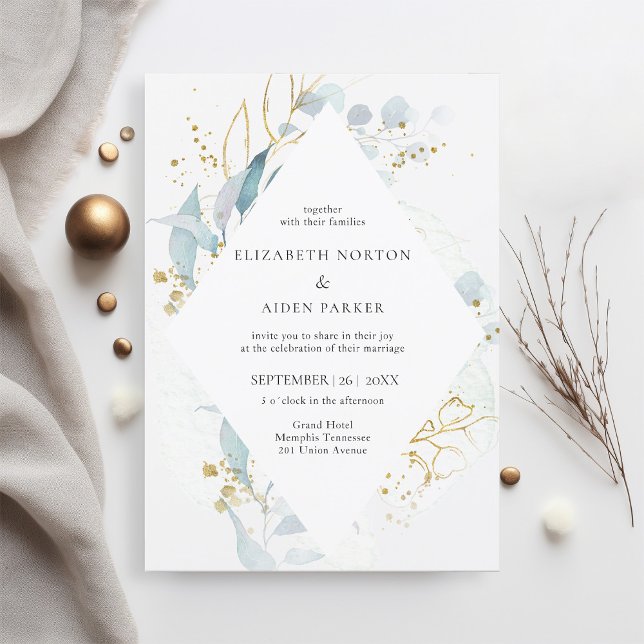 Blue Gold (Imitate) Watercolor Wedding Collection Invitation (Creator Uploaded)