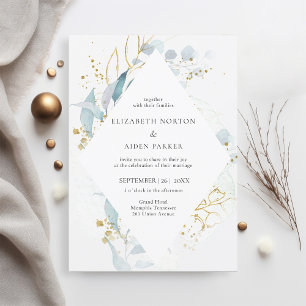 Blue Gold (Imitate) Watercolor Wedding Collection Invitation
