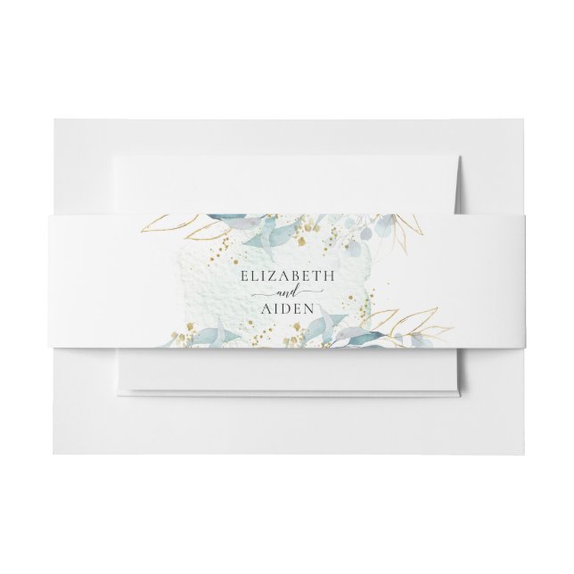 Blue Gold (Imitate) Watercolor Wedding Collection Invitation Belly Band (Front Example)