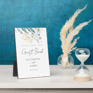 Blue Gold (Imitate) White Wedding Guestbook Plaque