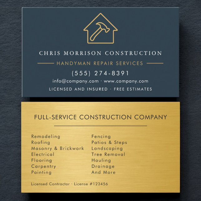 Blue Gold Industrial Handyman Construction Business Card (Creator Uploaded)