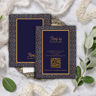 Blue Gold Intricate Design Wedding QR Code RSVP Card