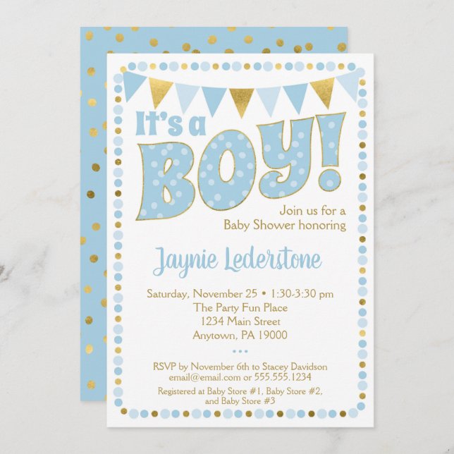 Blue Gold It's A Boy Baby Shower Invitation Dots (Front/Back)