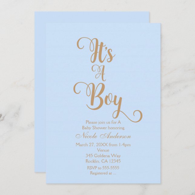 Blue & Gold It's A Boy Baby Shower Invitations (Front/Back)