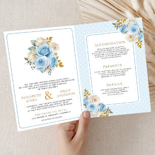 Blue Gold Ivory Floral Roses All in One Wedding Invitation
