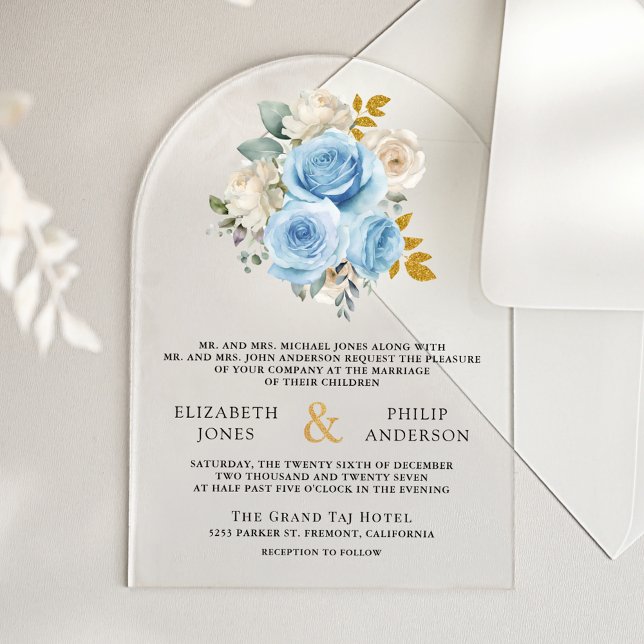 Blue Gold Ivory Floral Roses Wedding Acrylic Invitations (Creator Uploaded)