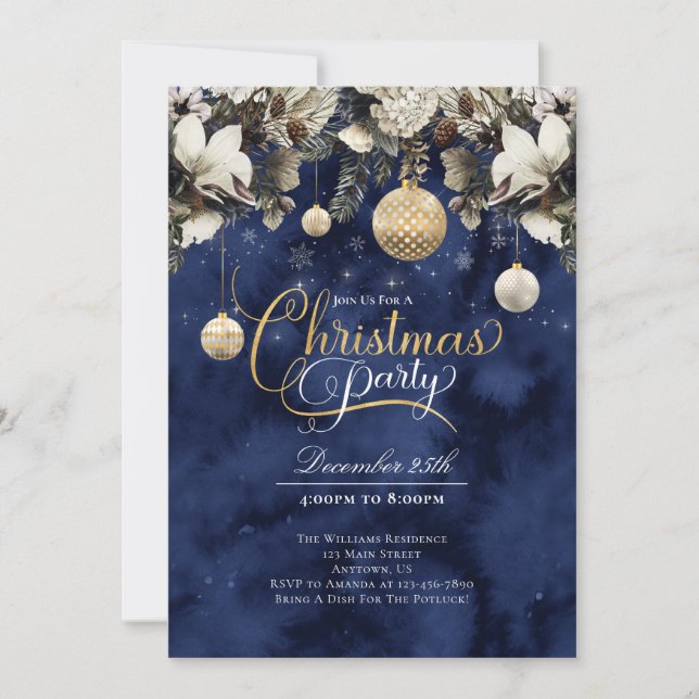 Blue Gold Ivory Flowers Christmas Party Invitation (Front)