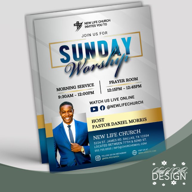 Blue & Gold Join us for Sunday Worship Church Flyer (Creator Uploaded)