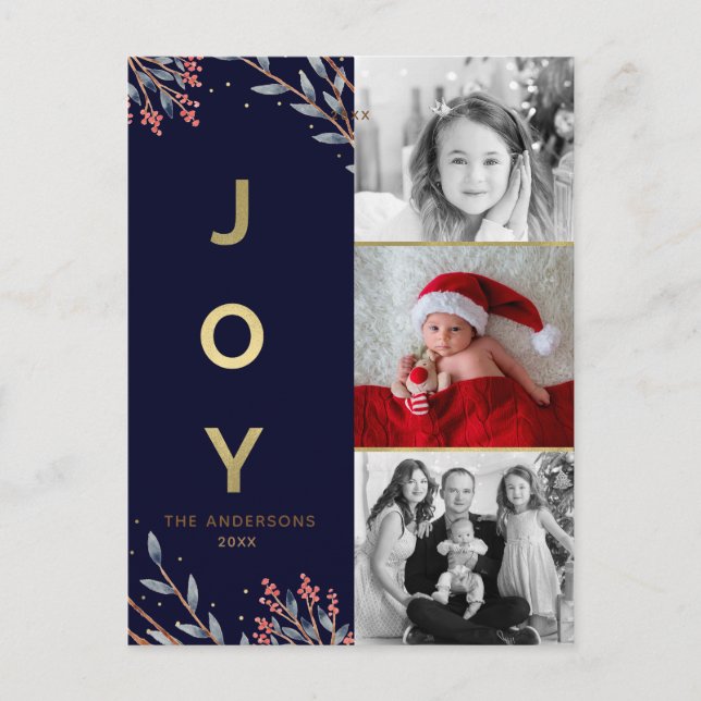Blue & Gold JOY 3 Three Photo Holiday Christmas (Front)