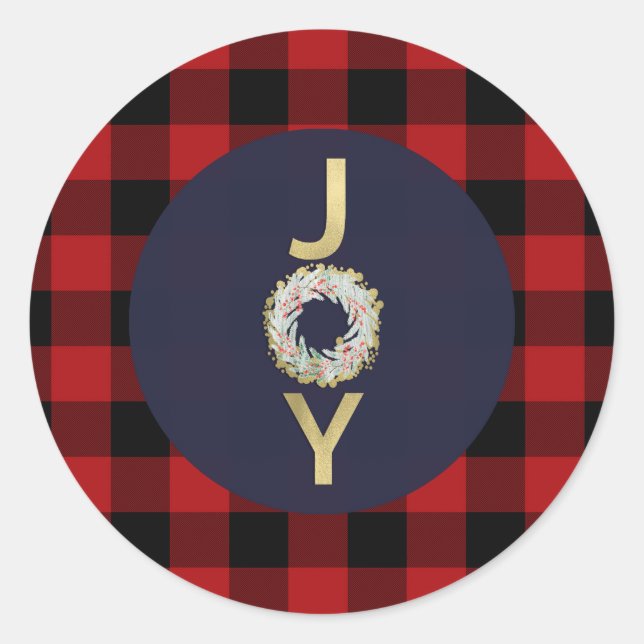 Blue Gold Joy Wreath Holiday Red Buffalo Plaid Classic Round Sticker (Front)