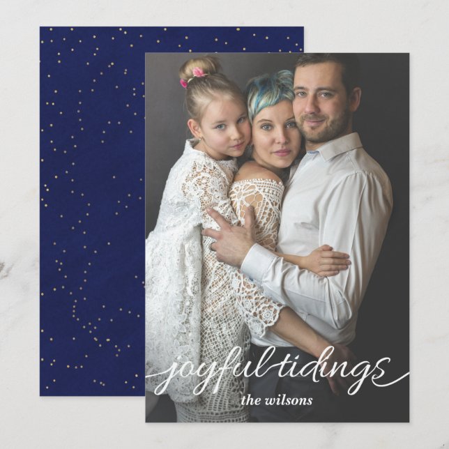 Blue Gold Joyful Tidings Script Custom Photo Holiday Card (Front/Back)