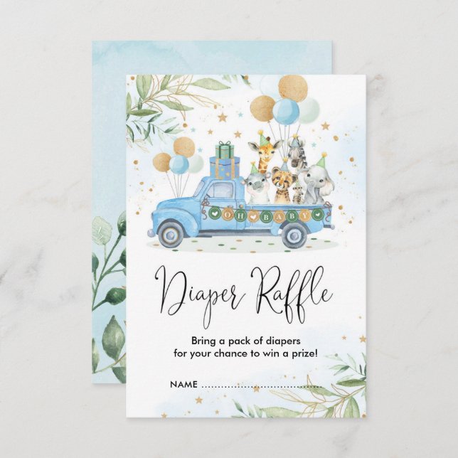 Blue Gold Jungle Safari Animals Diaper Raffle Enclosure Card (Front/Back)