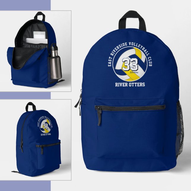 blue gold kids teens volleyball team colours printed backpack (Custom team colors backpack for volleyball athlete - 3 views: front, angled side & angled open)