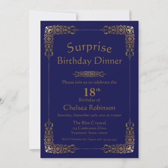 Blue Gold Lace Surprise 18th Birthday Dinner Invitation (Front)