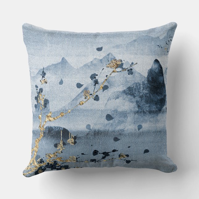 Blue Gold Landscape Fabric Textured Pillow (Back)