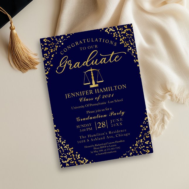 Blue Gold Law School Graduation Party Invitation (Creator Uploaded)