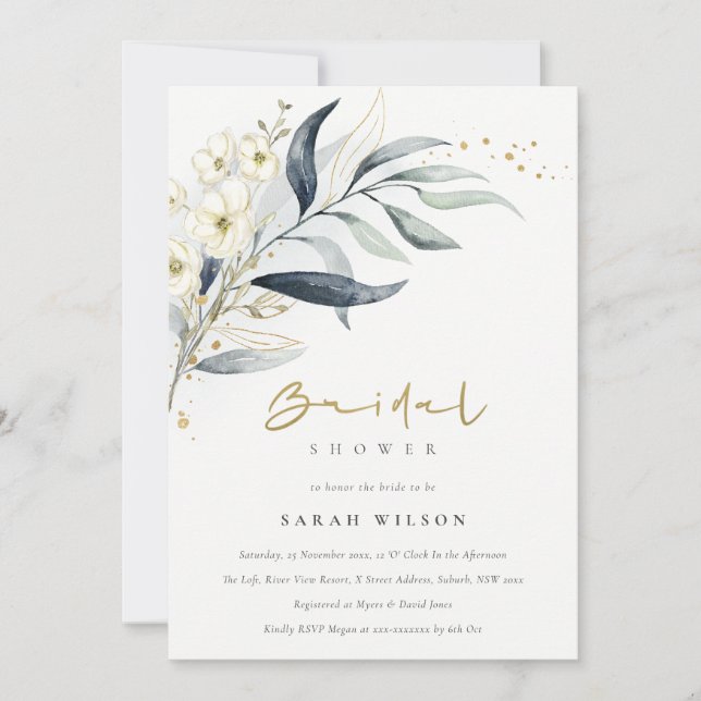 Blue Gold Leafy Botanical Floral Bridal Shower Invitation (Front)