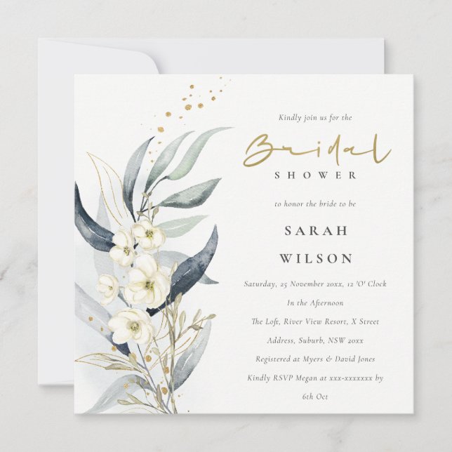 Blue Gold Leafy Botanical Floral Bridal Shower Invitation (Front)