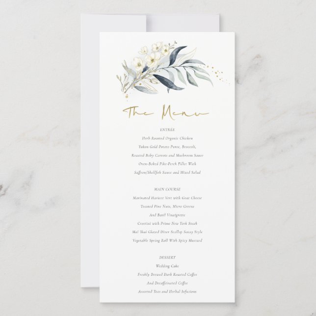Blue Gold Leafy Botanical Floral Wedding Menu Card (Front)