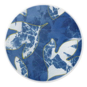 Blue Gold Leaves Cyanotype Decorative Ceramic Knob