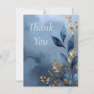 Blue & Gold Leaves on Watercolor Thank You Card