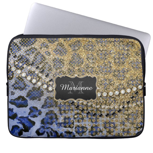 Blue Gold Leopard Animal Print Glitter Look Jewel Laptop Sleeve (Front)