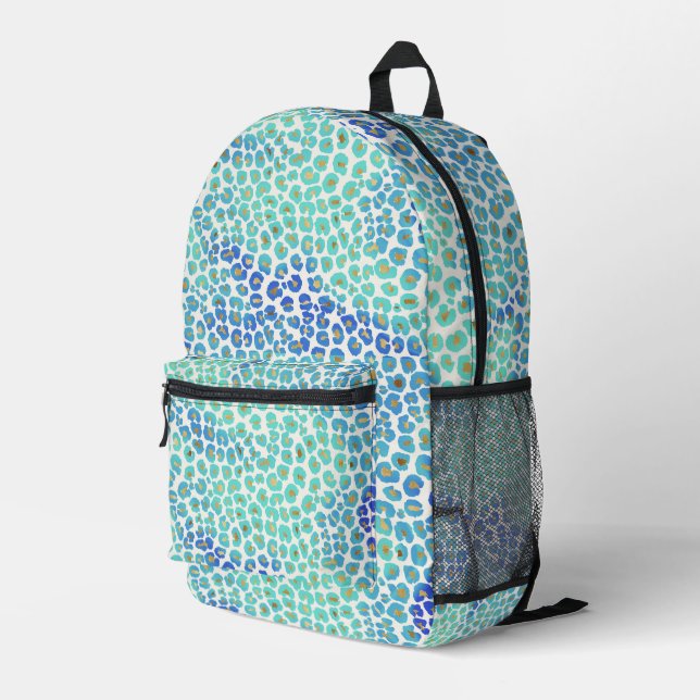 Blue Gold Leopard Pattern Printed Backpack (Back Corner Right)