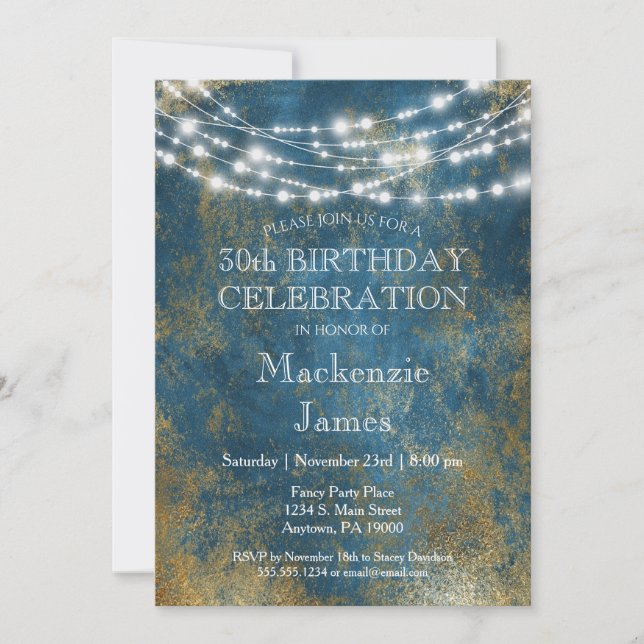 Blue Gold Lights Birthday Party Invitation Adult (Front)