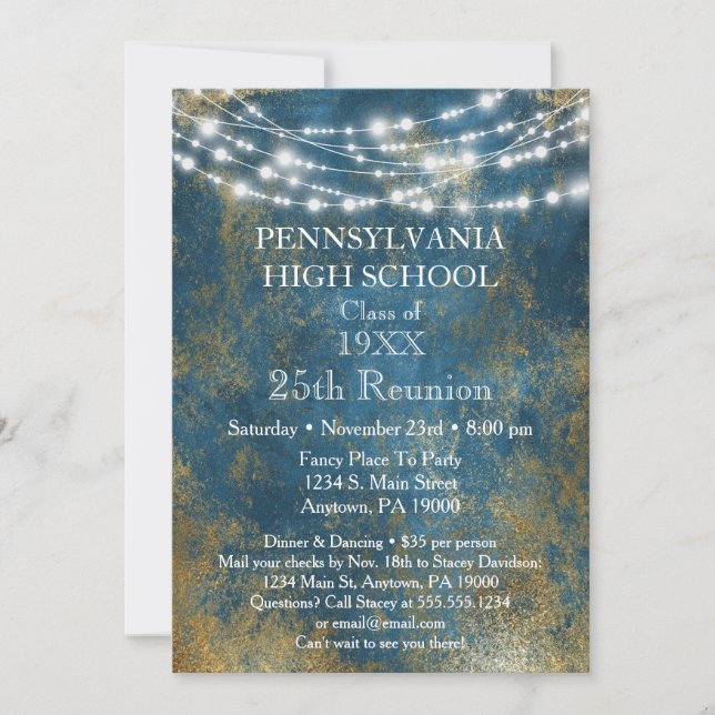 Blue Gold Lights School Class Reunion Invitation (Front)