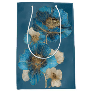 Blue Gold Line Art Poppy Botanical Medium Gift Bag