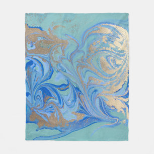 Blue Gold Liquid Watercolor Texture Fleece Blanket