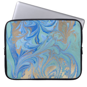 Blue Gold Liquid Watercolor Texture Laptop Sleeve