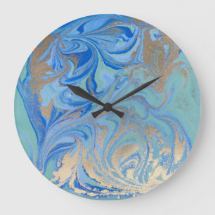 Blue Gold Liquid Watercolor Texture Large Clock