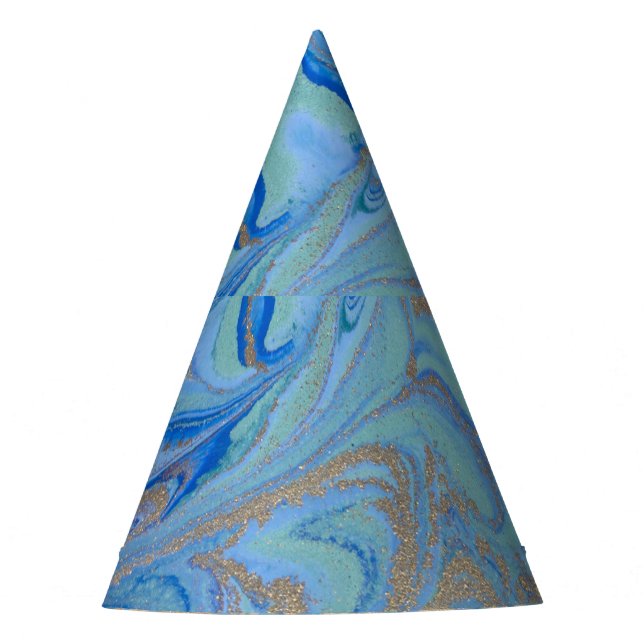 Blue Gold Liquid Watercolor Texture Party Hat (Front)
