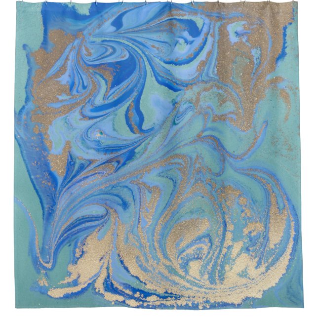 Blue Gold Liquid Watercolor Texture Shower Curtain (Front)