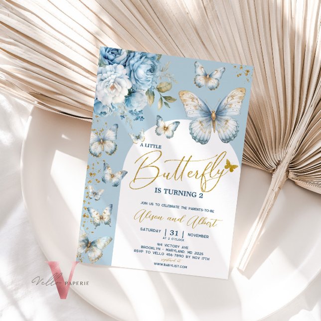 Blue Gold Little Butterfly Baby Shower Invitation (Creator Uploaded)