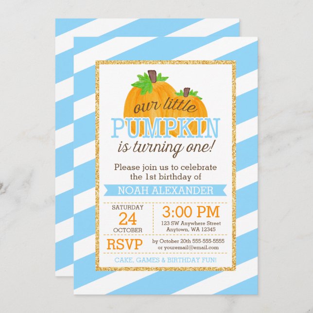 Blue Gold Little Pumpkin Boy First Birthday Invitation (Front/Back)