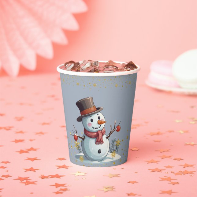 Blue & Gold Little Snowflakes Snowman Baby Shower Paper Cups (Insitu)