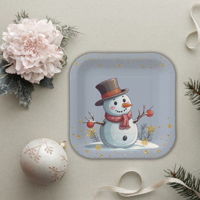 Blue & Gold Little Snowflakes Snowman Baby Shower Paper Plate (Creator Uploaded)