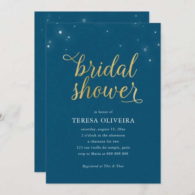 Blue Gold Look Bridal Shower Lights Simple Elegant Invitation (Front/Back)