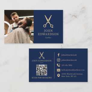 Blue Gold Luxury Barber Scissors Photo QR Code Business Card