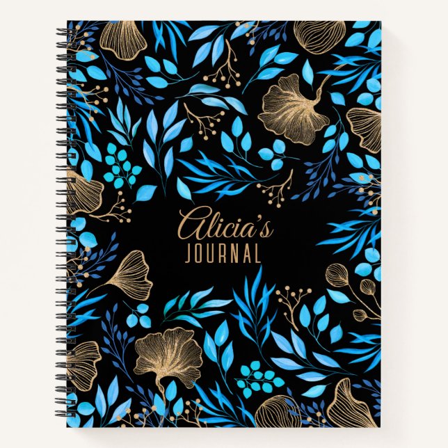 Blue Gold Luxury Floral Watercolor Notebook (Front)