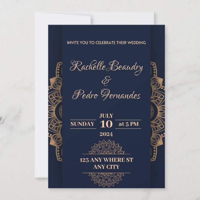Blue Gold Luxury Wedding Invitation (Front)