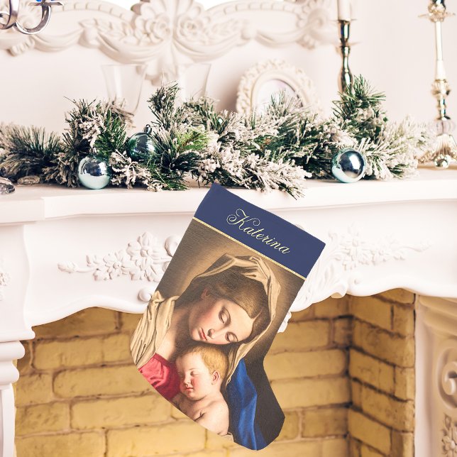 Blue& Gold Madonna and Child Religious Catholic Small Christmas Stocking (Religious Christmas stocking with Madonna and Child in navy blue and gold)