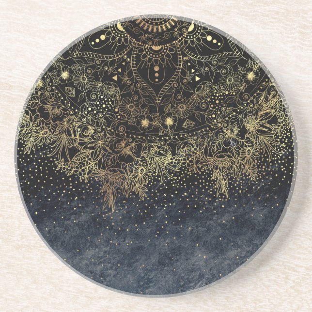 Blue Gold Mandala Floral Coaster (Front)