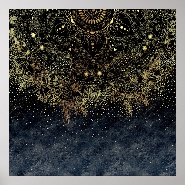 Blue Gold Mandala Floral Poster (Front)