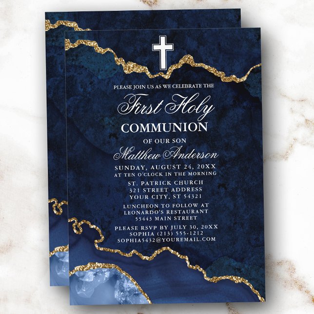 Blue Gold Marble Agate Geode First Holy Communion Invitation (Customize to change text size or text style.)