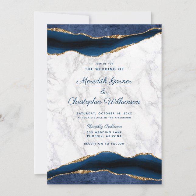 Blue Gold Marble Agate Wedding Invitation (Front)