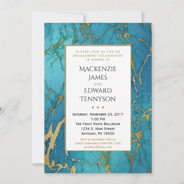Blue Gold Marble Engagement Party Invitation (Front)